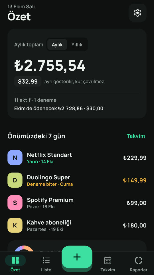 Aboneliklerim ekran görüntüsü 1